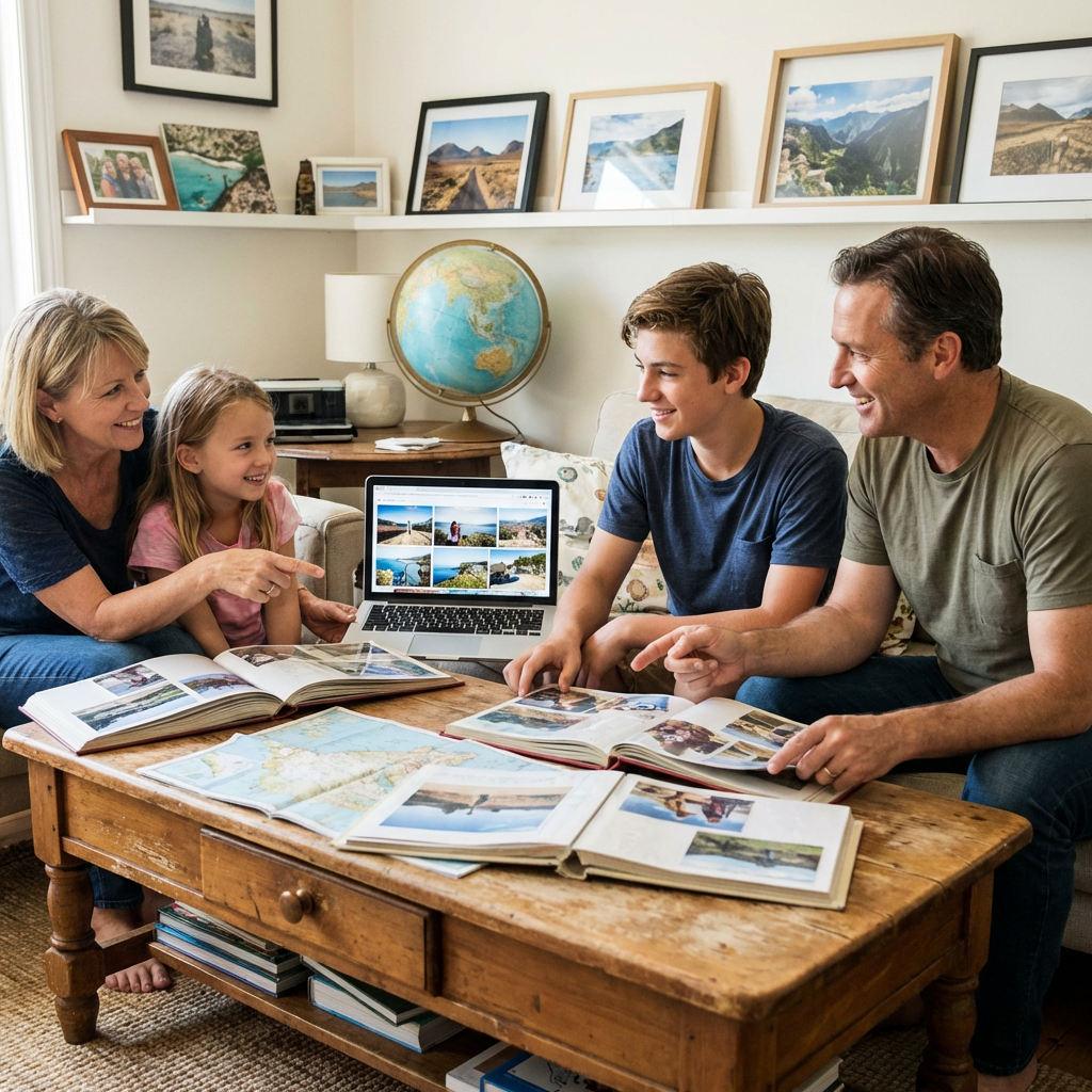A family gathers around a coffee table looking at photo albums, maps, and a laptop.